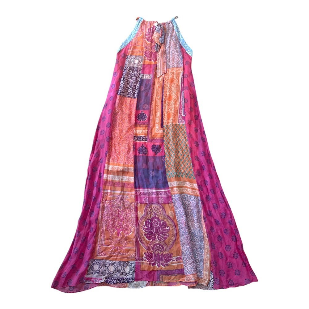 HALE BOB Patchwork Maxi Dress Halter Neck Bohemian Festival Boho Orange Pink - Picture 3 of 5